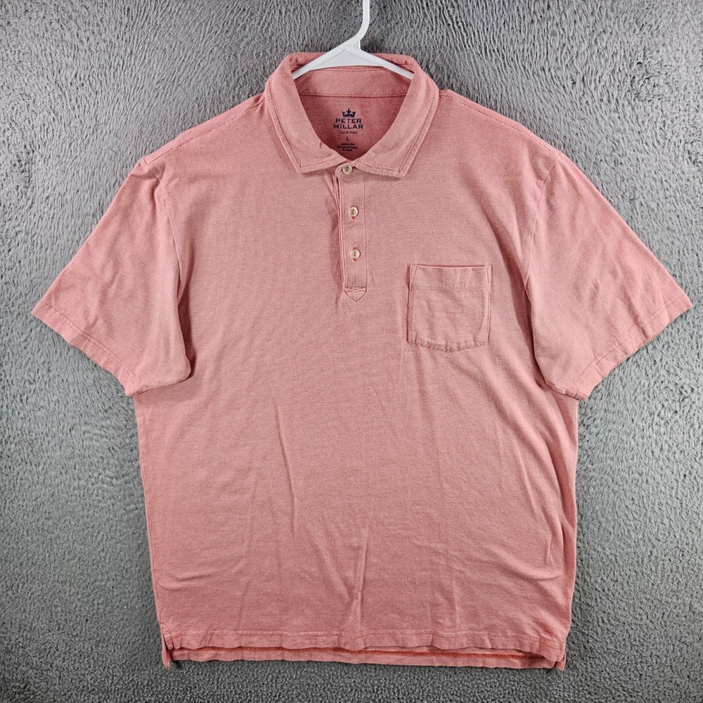 Peter Millar Seaside Wash Mens Large Polo Shirt Coral Red Stripe Cotton Stretch